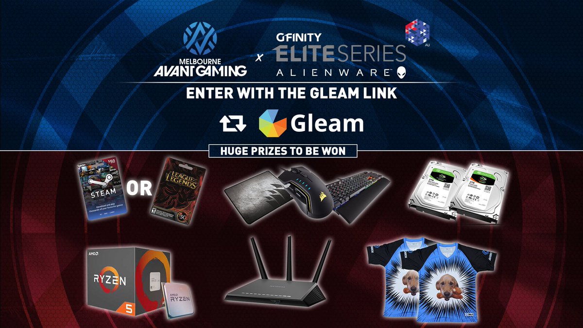 🚨THE BIG ONE🚨

We have some HUGE prizes to celebrate the launch of the <a href="/GfinityAU/">Gfinity Australia</a> #EliteSeries by <a href="/AlienwareOz/">Alienware AU</a>
 
🏆<a href="/AMDGaming/">AMD Gaming</a> Ryzen 5 CPU
🏆<a href="/CORSAIR/">CORSAIR</a> Peripherals pack
🏆<a href="/NETGEARgaming/">Nighthawk Pro Gaming</a> R7000P Router
🏆<a href="/SeagateANZ/">SeagateANZ</a> HD's
🏆<a href="/study_loans/">Study Loans</a> Steam/RP Vouchers

▶️gleam.io/competitions/v…