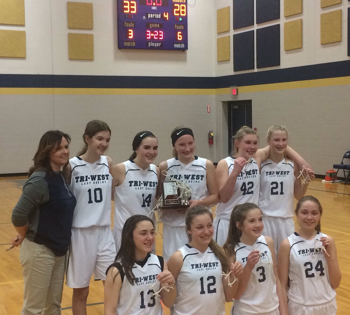 TriWestGBB's tweet photo. Congratulations to the 8th grade Lady Bruins in winning the Hendricks County Championship: defeating Plainfield 33-28!  #BruinPride https://t.co/pvU4nxEMvn