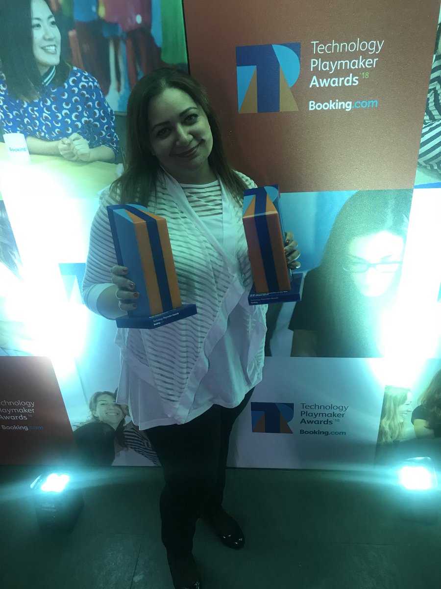 HadeelAyoub's tweet photo. Truly humbled to have won @bookingcom #techplaymaker Award of the year & Community Impact Award for my Innovation BrightSign #WID18 was phenomenal this year #ShoutOut to all amazing #WomeninTech this is our time to shine and change lives #letsdothis https://t.co/hAxn87scwr