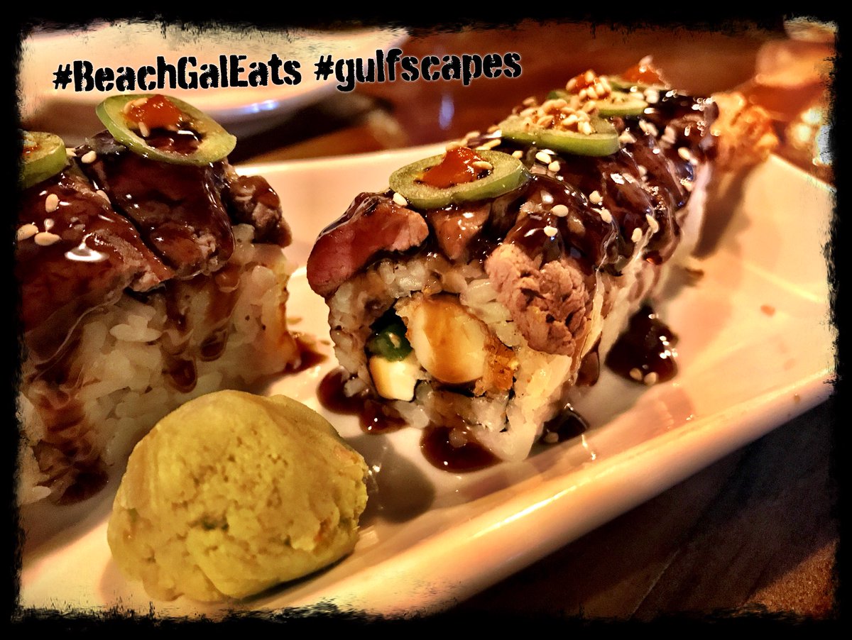 Crusher Petit Syrah on tap <a href="/islandtimesushi/">Debbie</a> hit the Spot with this Diamond Back Roll tempura shrimp with beef tenderloin on top jalapeños and sriracha sauce with some teriyaki sauce OMG amazing! #beachgaleats