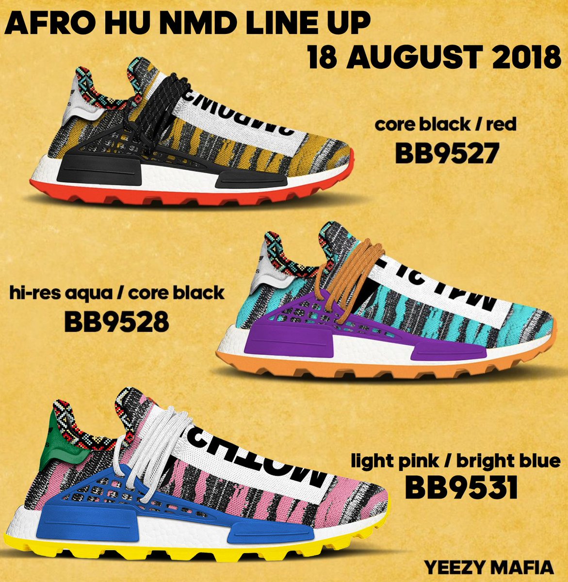 theyeezymafia's tweet photo. AFRO HU NMD LINE UP UPDATE
RELEASING WORLDWIDE 18 AUGUST 2018 https://t.co/nSWWnIazTI