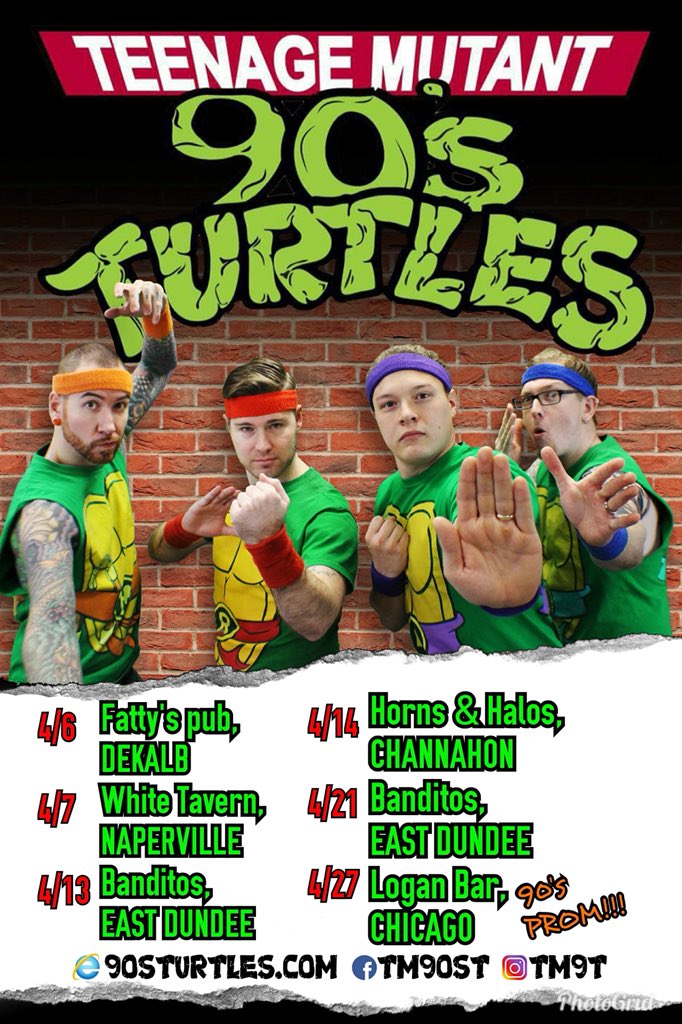 waitwhatband's tweet photo. Oh snap! We have a busy April! #coverband #tm9t #🐢 #90s #livemusic #teenagemutant90sturtles #concert @Loganbar @Banditobarneys #whitetavern @FattysDeKalb #hornsandhalos #partytime #prom2018 #TURTLE #band #cover #cowabunga #green #90s #Chicago #DeKalb #rock https://t.co/h9IalKCAxs
