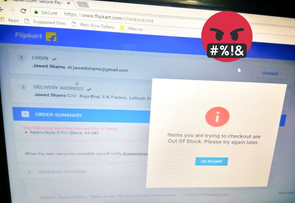 jawedshams's tweet photo. The world's best chutiya Online #Flash_Sale site.. the @Flipkart  is doing Fraud with it's customers in every Flash sale..
How can a product which is already added to someone's  cart be gone out of stock Even if the buyers almost done with the payment just at the checkout?? https://t.co/IfdGs5v3tt