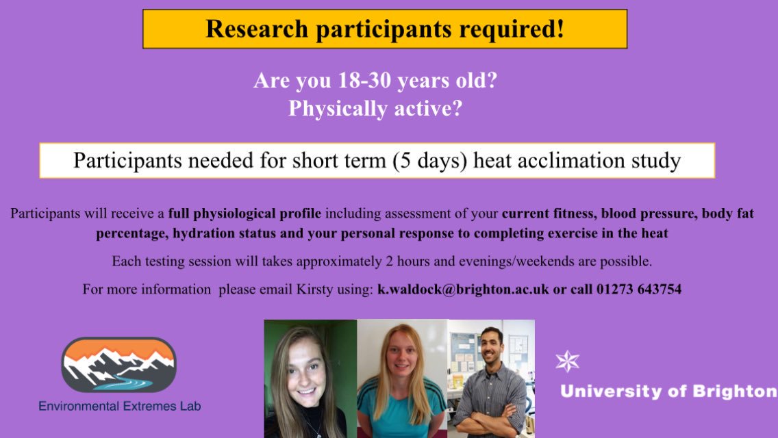 Still looking for participants for a short term heat acclimation study. Get involved and learn new skills 🌡☀🔬📈 Testing starts soon <a href="/UoB_EEL/">Environmental Extremes Lab</a> @UoB_SportExSci <a href="/kirsty_waldock/">Kirsty Waldock</a> <a href="/RebeccaRelf/">Rebecca Relf</a>