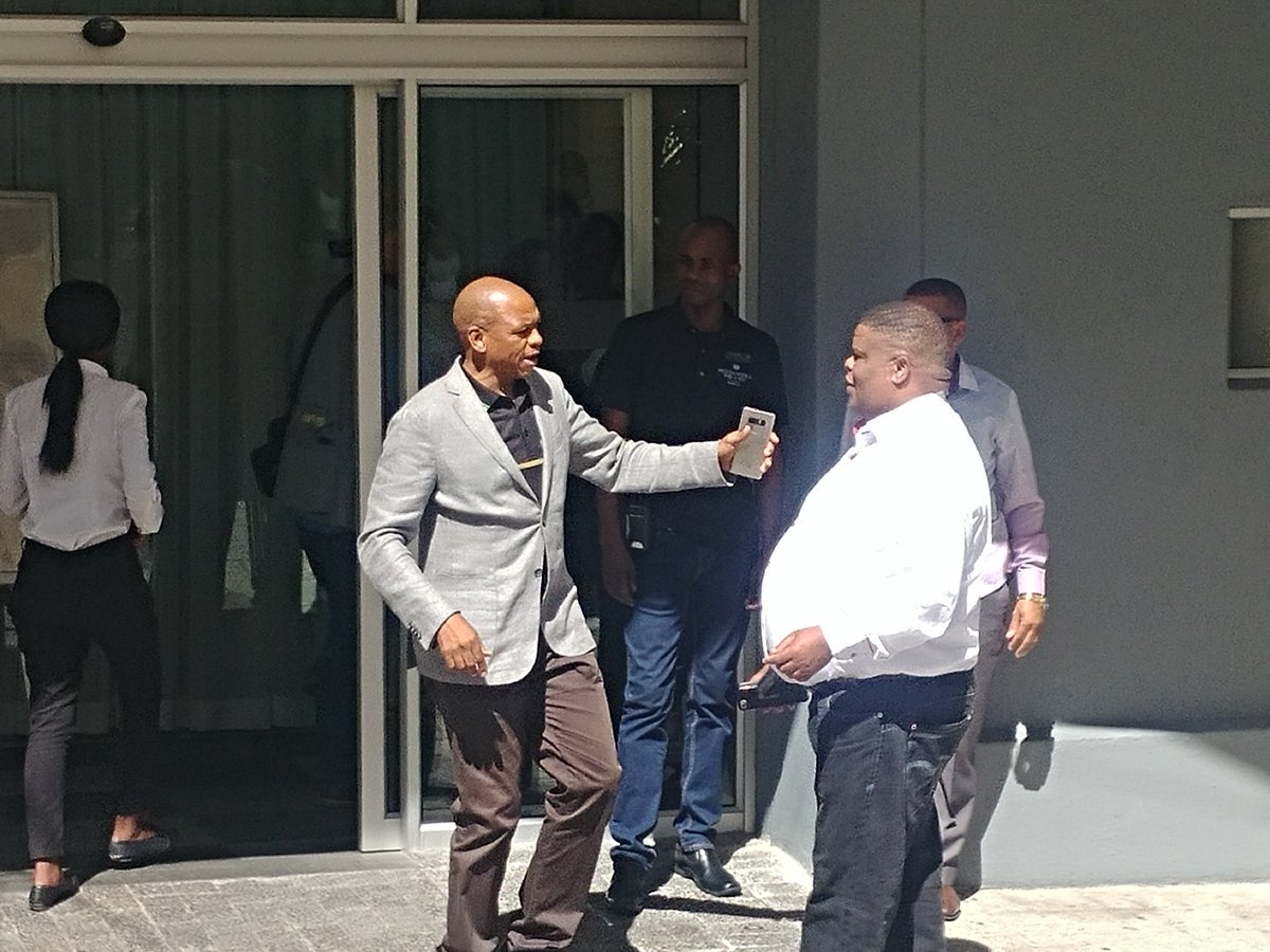 Supra Mahumapelo greets David Mahlobo outside Fire &amp; Ice Hotel before ANC NEC meeting in Cape Town (<a href="/gerbjan/">Jan Gerber</a>)