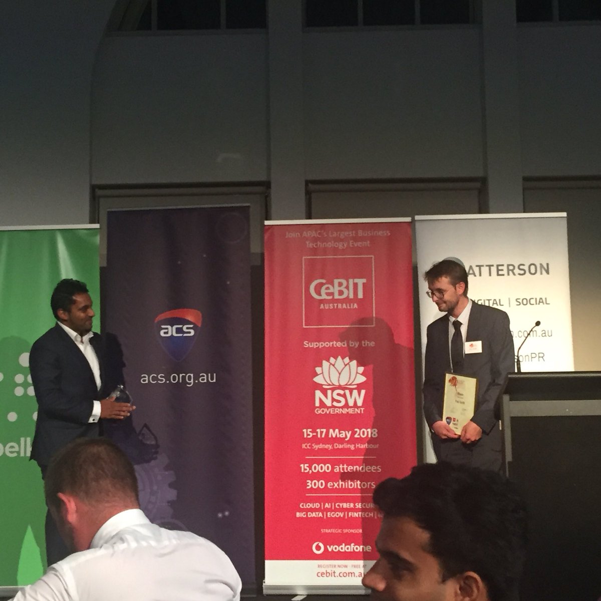 johnsonad55's tweet photo. ACS President @yohanr awarding @SaysSmithy Best journo at the #lizzies @ACSnewsfeed https://t.co/d0lwt86WVX