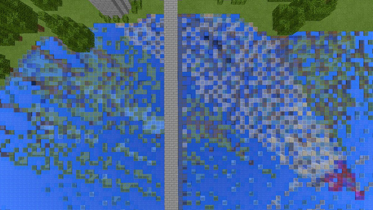 パッカー Pacckker 湖畔の小さなお城 色付きガラスを駆使し 水面に映る風景を表現しました 2枚目は解説がわりの真上から見た画像です 撮影ポイント以外から見ると崩壊する構造ですね Minecraft