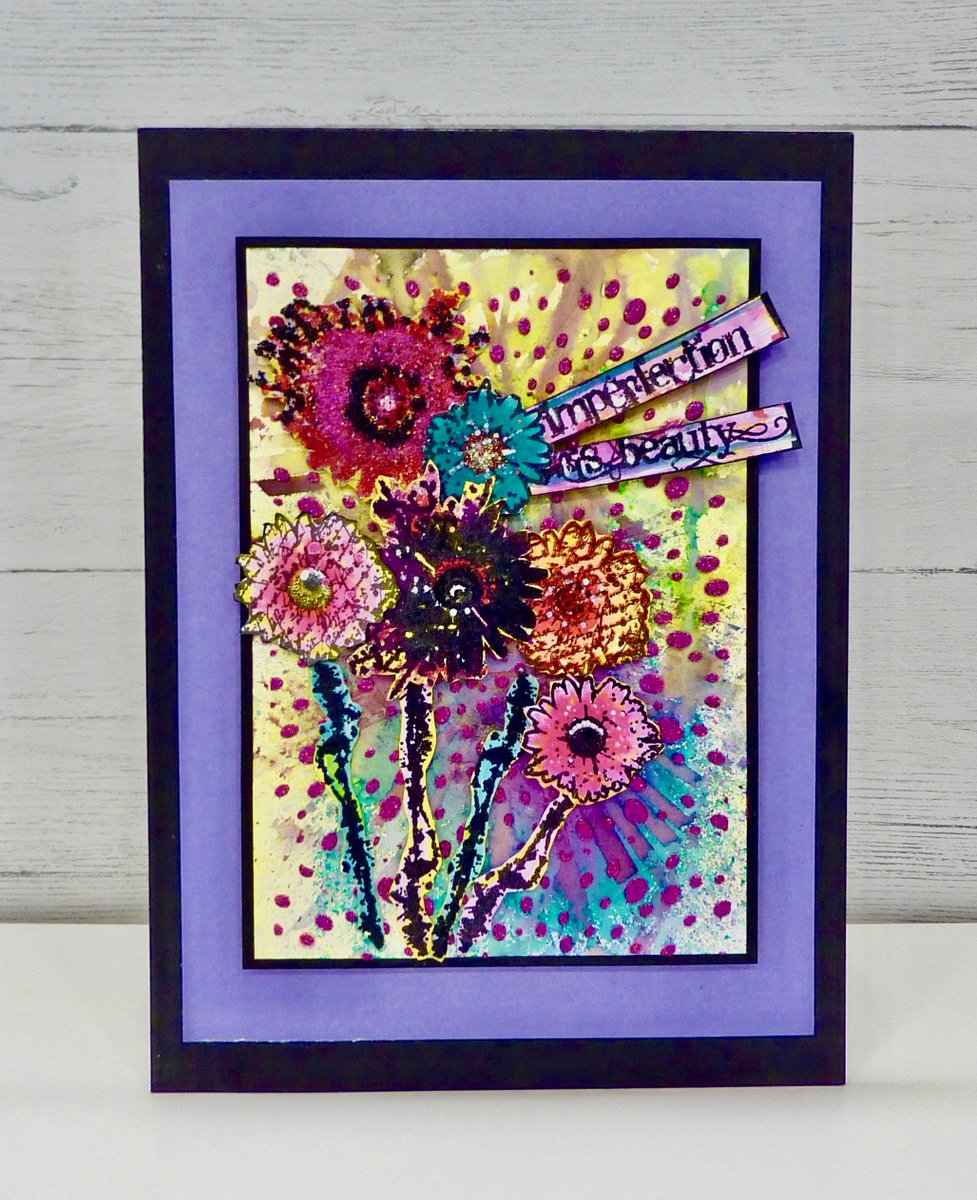 Incredible mixed media card by Lisa Taggart.. visibleimage.co.uk/2018/03/imperf… #visibleimage #inkyflowerstamp #imperfectionisbeauty #sparkle #texture #mixedmedia #create