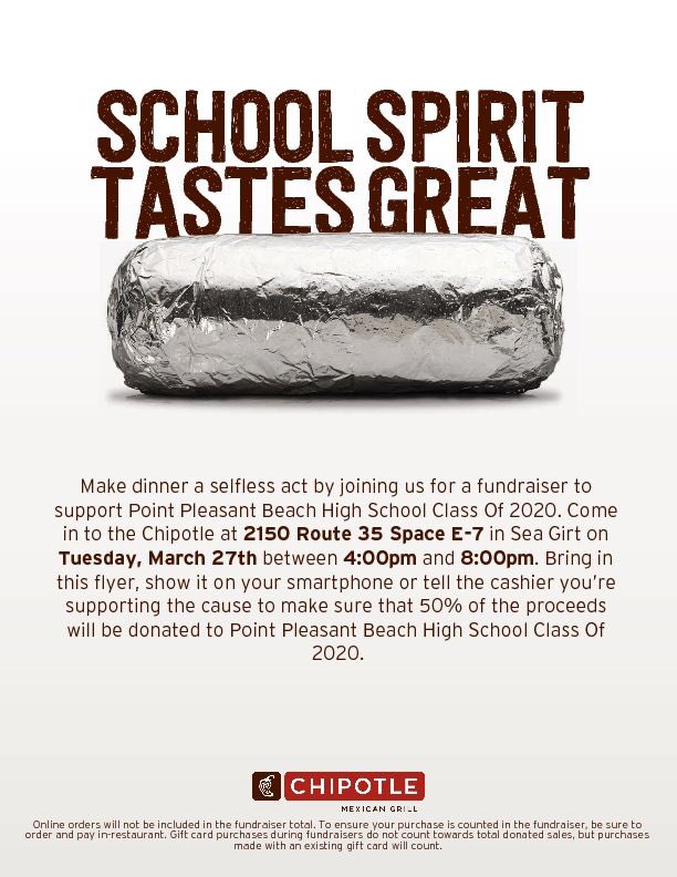 Please come out and support <a href="/PointBeachHS/">PPB High School</a> Class of 2020 this Tuesday from 4pm-8pm at the Chipotle in Sea Girt on Rt 35!  All you need to do is present this flyer on your phone when you purchase your meal!