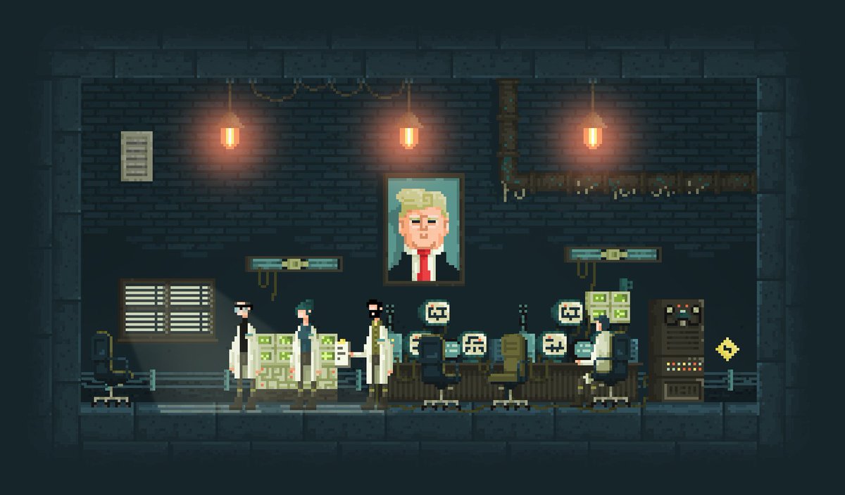 OfBroadcast's tweet photo. They say the devil is in the details and we felt that something about our office in the last picture wasn't right. A small decoration by @najboljidizajn made a huge difference. Can you spot it? #MinistryOfBroadcast #trumpwall #indiedev #gamedev #pixelart #gameart #letsbuildawall https://t.co/e3SNud0ZhC