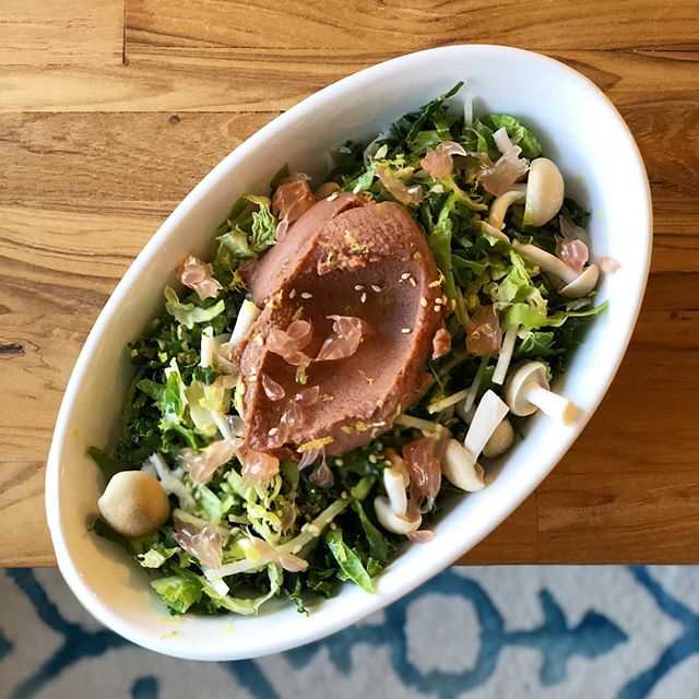 Shaved kale &amp; brussels sprouts, mushrooms, grapefruit, kohlrabi, honey ginger vinaigrette, toasted sesame seeds, and #Yumami Red Bean Savory Dip.