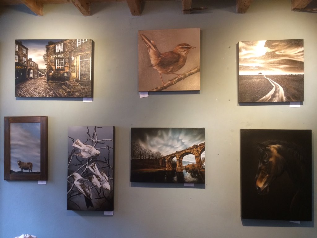 ArtintheMill's tweet photo. Dramatic selection of oils for the feature wall from Amy Charlesworth #Hawarth #birds #Knaresborough #Yorkshire https://t.co/6ZvEdeOtV8
