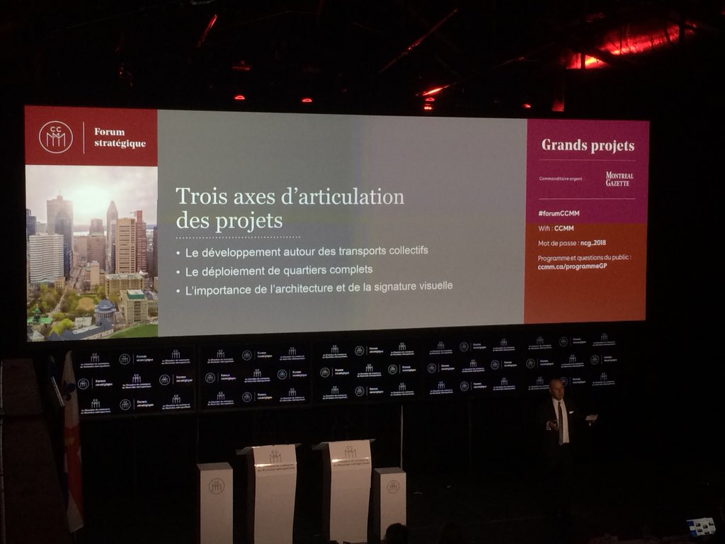 Au #ForumCCMM, <a href="/MichelLeblanc20/">Michel Leblanc</a> identifie 3 axes d’articulation des projets :
1.Le développement autour des transports collectifs 
2.Le déploiement de quartiers complets 
3.L’importance de l’architecture et de la signature visuelle
#montreal #archqc #urbqc