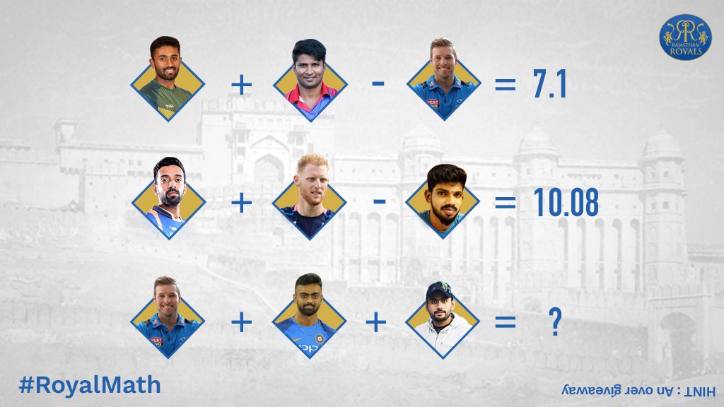 rajasthanroyals's tweet photo. #RoyalMath is back!
Can you solve this equation?
Hint:
An over giveaway
#HallaBol #Cricket #IPL https://t.co/JSvhDUc8Ns