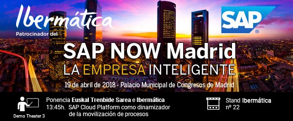Patrocinamos el Congreso Tecnológico #SAPNOWMadrid . Te esperamos en nuestro stand nº 22 y en nuestra sesión Digital Demo-Theater Caso de éxito Trenbide Sarea el 19 de abril a las 13:45 .  Consigue tu invitación aquí: 
👉 ibermatica.com/evento/ibermat…