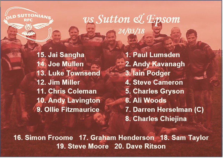 OldSuttsRugby's tweet photo. Darren Herselman leads the 2XV as they make the short journey down the road for a local derby against Sutton & Epsom. Kick off at Priest Hill is 3pm #ooossshhh #rugby #teamsheet https://t.co/E1m0RWpMkZ