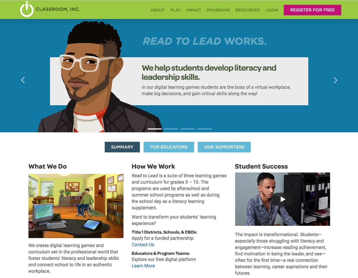 zeldman's tweet image. The inspiration for @DesignCPQ: @fredgatesdesign’s redesign of the @ClassroomInc homepage—collapsing many pages worth of content into a fast-reading, visually engaging page—has gone live. @studiozeldman helped with the content.

classroominc.org