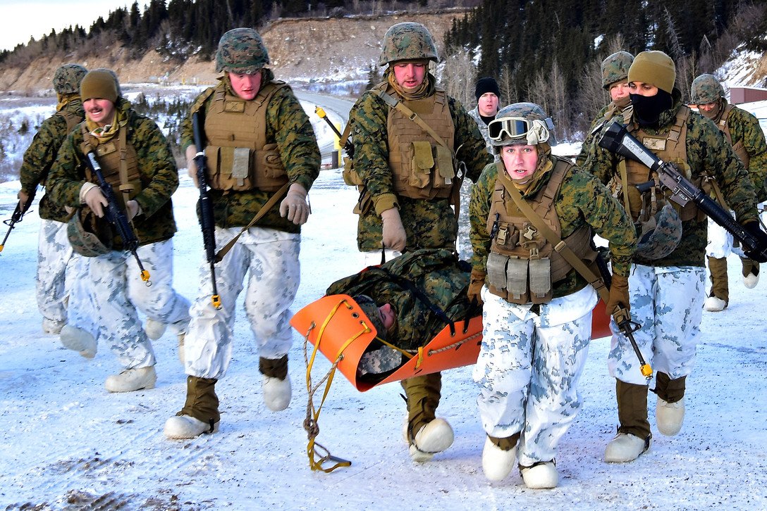 A chilly carry.

@USMC #Marines move a mock hypothermic casualty during cold-weather training at the Black Rapids Training Site in #Alaska. #ArcticEdge #KnowYourMil