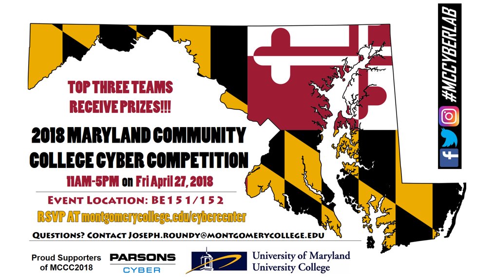MD_CommColleges's tweet photo. #Cybersecurity Students!! Enter your team in the 2018 Maryland #CommCollege #Cyber Competition, April 27 @montgomerycoll. Open to all #MD_CommCollege students. Prizes! More Info: https://t.co/yF6Ud2byMC https://t.co/j2vez7sdYh