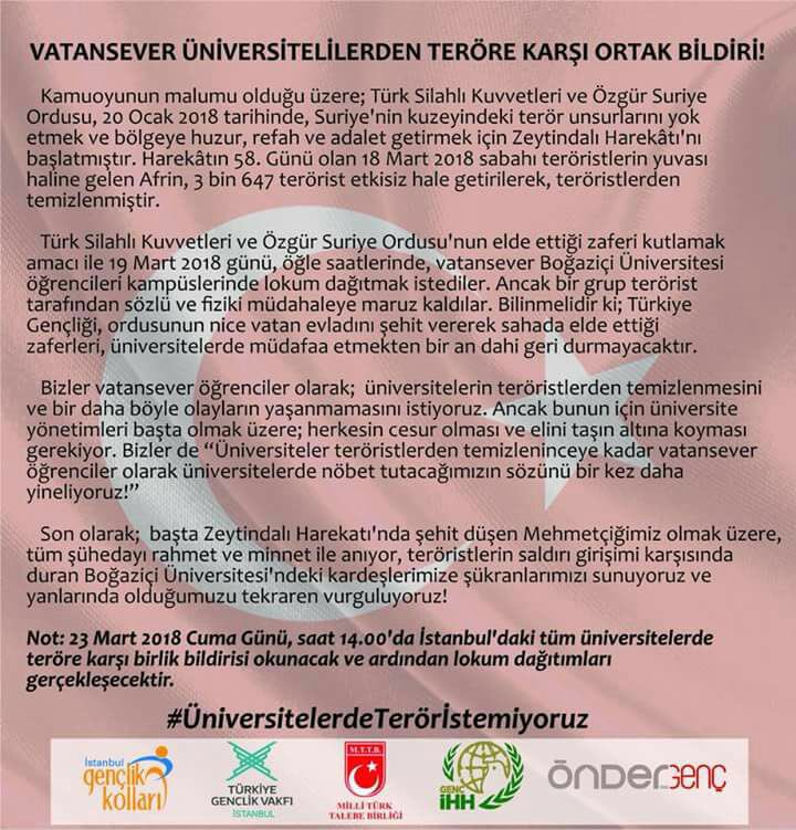 Üniversiteler teröristlerden temizleninceye kadar vatansever öğrenciler olarak üniversitelerde nöbet tutacağımızın sözünü bir kez daha yineliyoruz!

#ÜniversitelerdeTerörİstemiyoruz