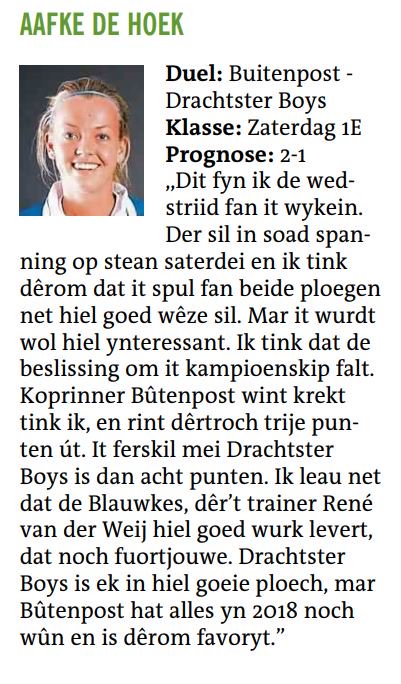 Morgen winnen we met 2-1 van <a href="/drachtsterboys/">vv Drachtster Boys</a>. Tenminste, dat is de voorspelling van Aafke de Hoek, vandaag in <a href="/LC_Sport/">Sportredactie LC</a>. Heeft ze een vooruitziende blik? Kom dat zien zaterdag! #ForzaBlauwkes