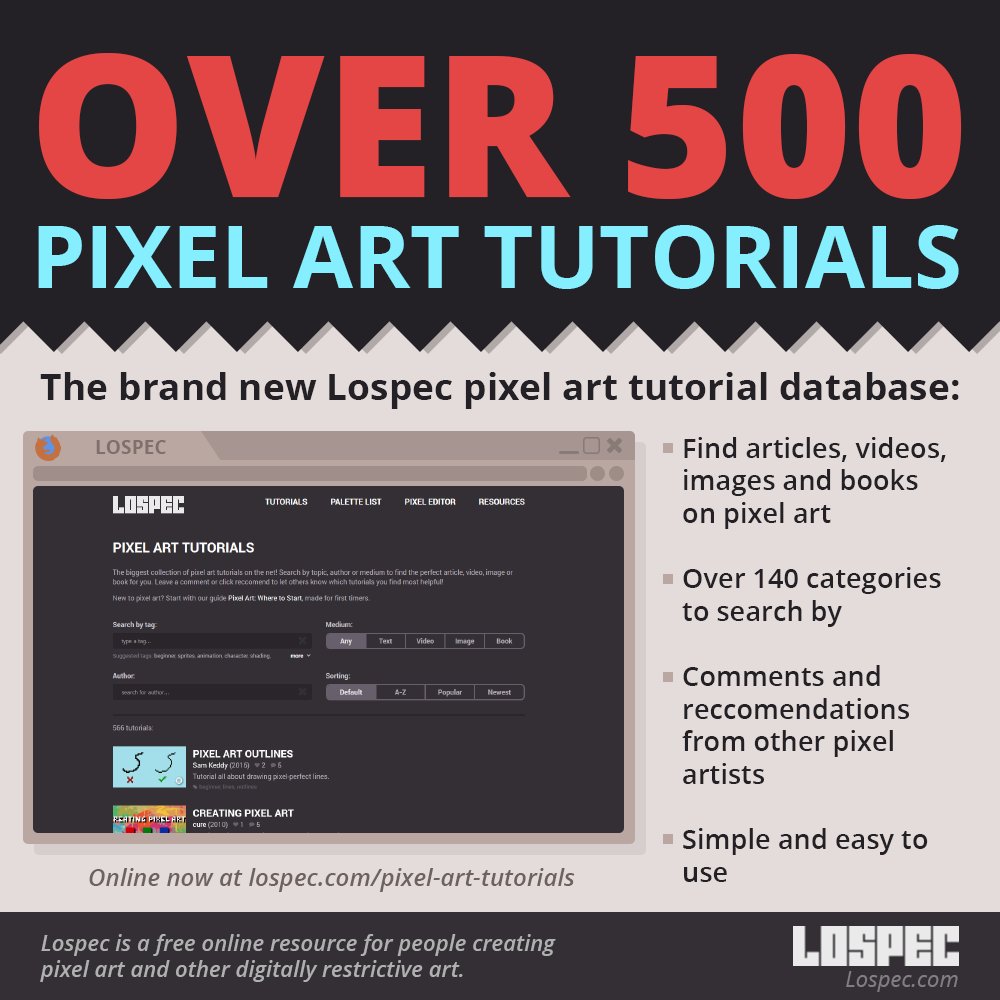 LospecOfficial's tweet photo. After months of work we're ready to release our next big feature: A database for finding #pixelart tutorials! Learning to make (good) pixel art has never been so easy! 

Online now: https://t.co/owKbqRIpy7

#gamedev #indiedev https://t.co/5Zw82eOd0C