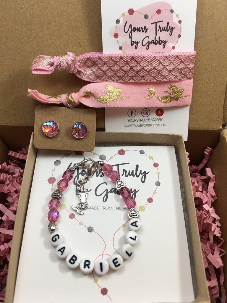 Gifts sets available in my shop. Visit etsy.com/shop/YoursTrul… send a #giftbox to someone special. #Children #ChildrensGifts #Kids #jewelryforher #hairties #Mermaid #Earrings #namebracelet #childrensbracelet