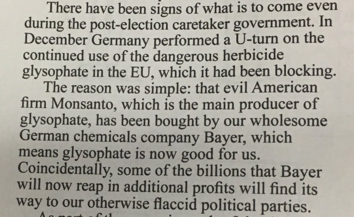 joncollins85's tweet photo. Germany u-turn: agrees EU should allow use of dangerous herbicide glysophate - after German company acquires largest producer!

How crazy to think that what’s best for Bayer might not be what’s best for Britain! #Brexit https://t.co/0n5auc6PJP