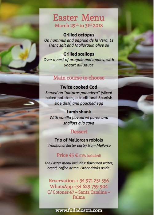 FullaOstra's tweet photo. Gourmet Easter Season, make your reservtion #Easter #gourmet #PalmadeMallorca #chefHectorMarceló https://t.co/8ALADqogBj