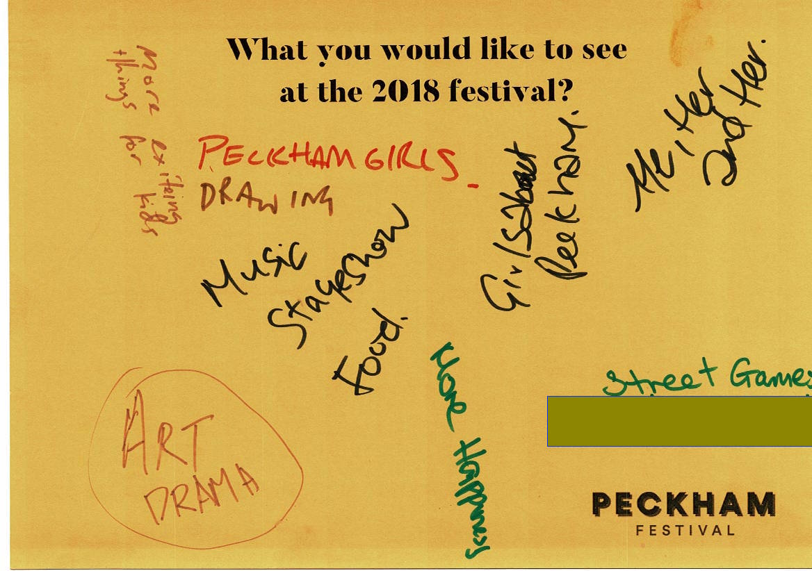 peckhamfestival's tweet photo. 💡Here is what people told us last  night they want to see at Peckham Festival 2018. Now it's your turn! What do you want? ✏️
Better yet - Get involved! Tell us about you, your idea &amp; how you can make it happen! visit https://t.co/l2SeUVl5Ys   #peoplemakepeckham https://t.co/lUWoa255ky