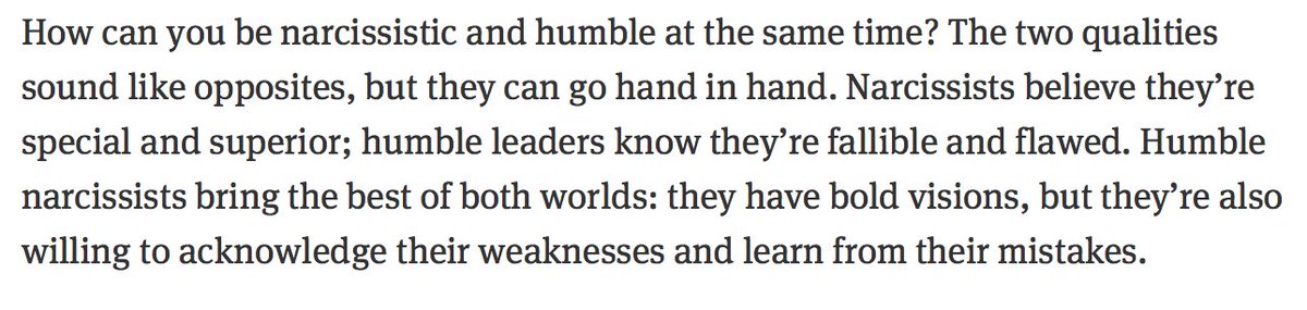 DanielPink's tweet image. "Humble narcissist" sounds like an oxymoron, but research shows it's actually a powerful leadership combination. ideas.ted.com/tapping-into-t… (via @AdamMGrant &amp;amp; @TEDTalks)