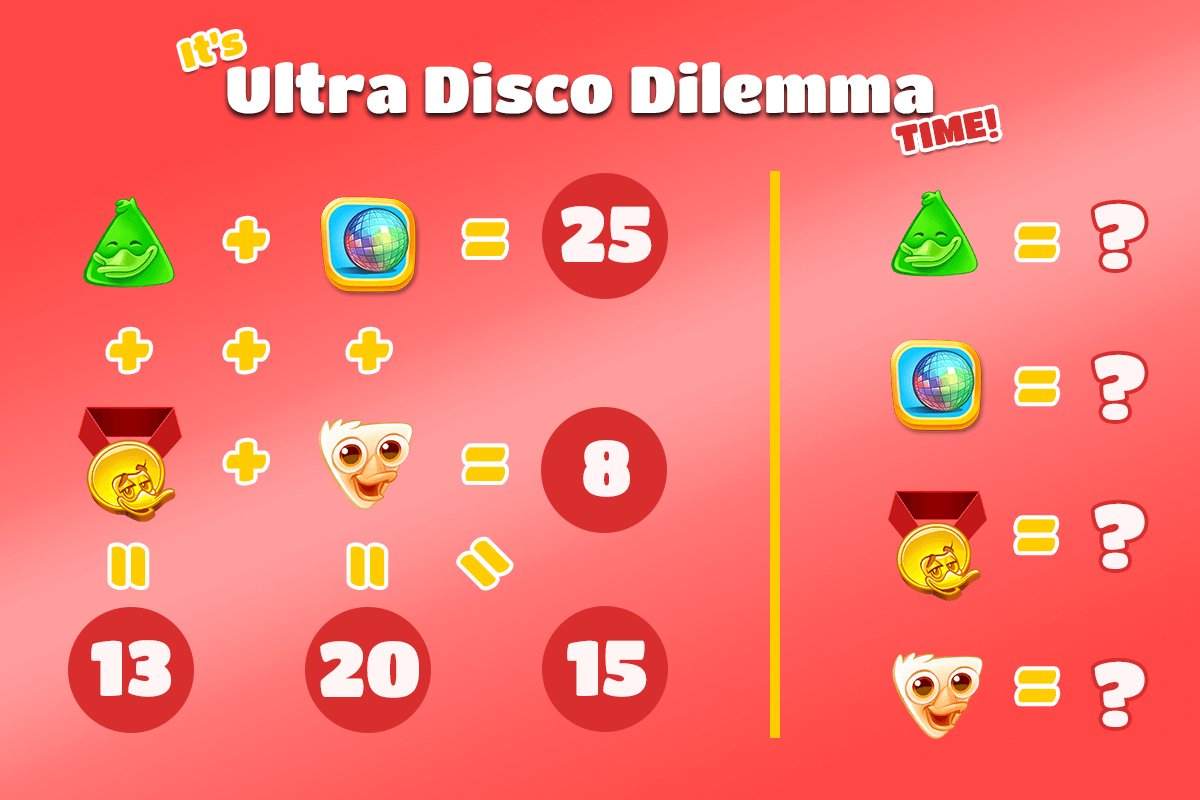 DiscoDucksGame's tweet photo. Can you help Duck Travolta in solving this ULTRA Disco Dilemma? 😊 #discoducksgame #disco #duck #dilemma #math #answer https://t.co/wj9XFj2Hl2