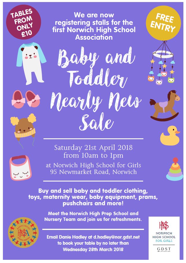 NorwichHigh's tweet image. Having a clear out over Easter? Make sure you book a pitch at our NHSA Baby and Toddler Nearly New Sale in April - a great opportunity to sell your pre-loved items. Book by email D.Hadley@nor.gdst.net 👶@MumsnetNorfolk @MumblerNorwich #Norwichevents #Whatsonforkids