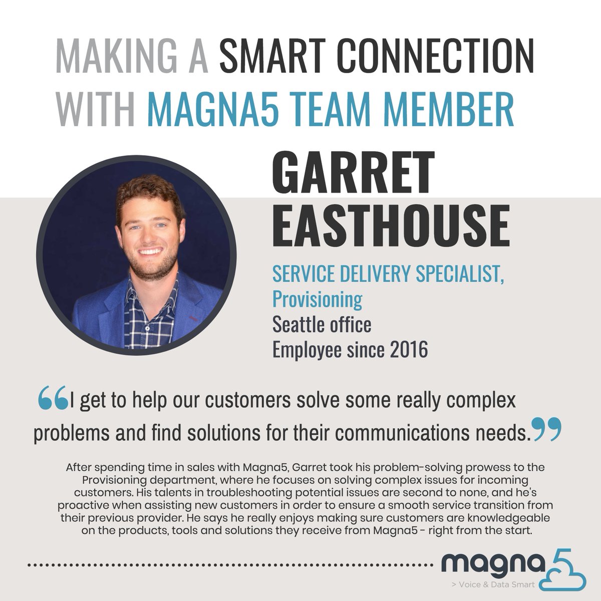 magnafive's tweet photo. Happy Friday! Meet Garret Easthouse of the @Magna5 Provisioning Department – where he helps troubleshoot and solve complicated issues as new customers transition from previous providers to Magna5. Read more in our Employee Connect. https://t.co/mge4EBPOi4 #makingsmartconnections https://t.co/TL1nFLu8f4
