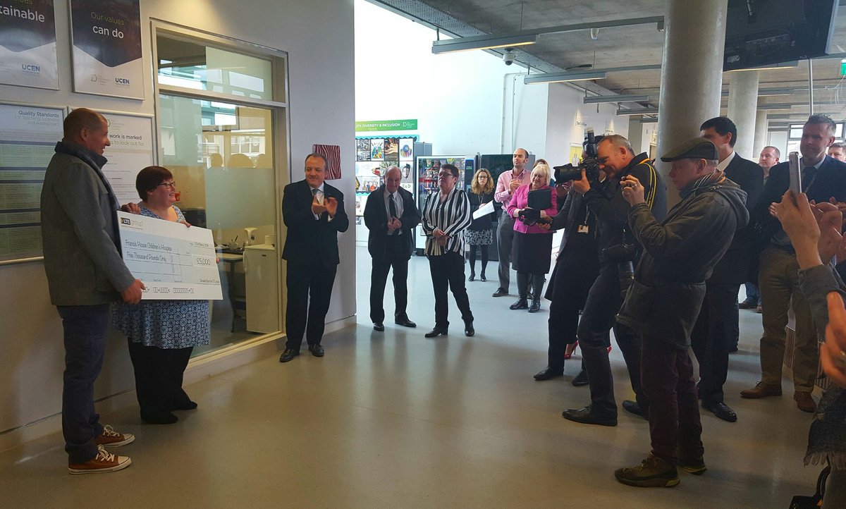 LTEgrp's tweet photo. Cllr Sue Murphy CBE, the Chair of our Board of Governors, presenting a cheque of £5000 to Phil Taylor on behalf of The Kirsty Club for @FrancisHouseCH, kicking-off our year of fundraising #HowardHouse https://t.co/73R9ly0Sgf