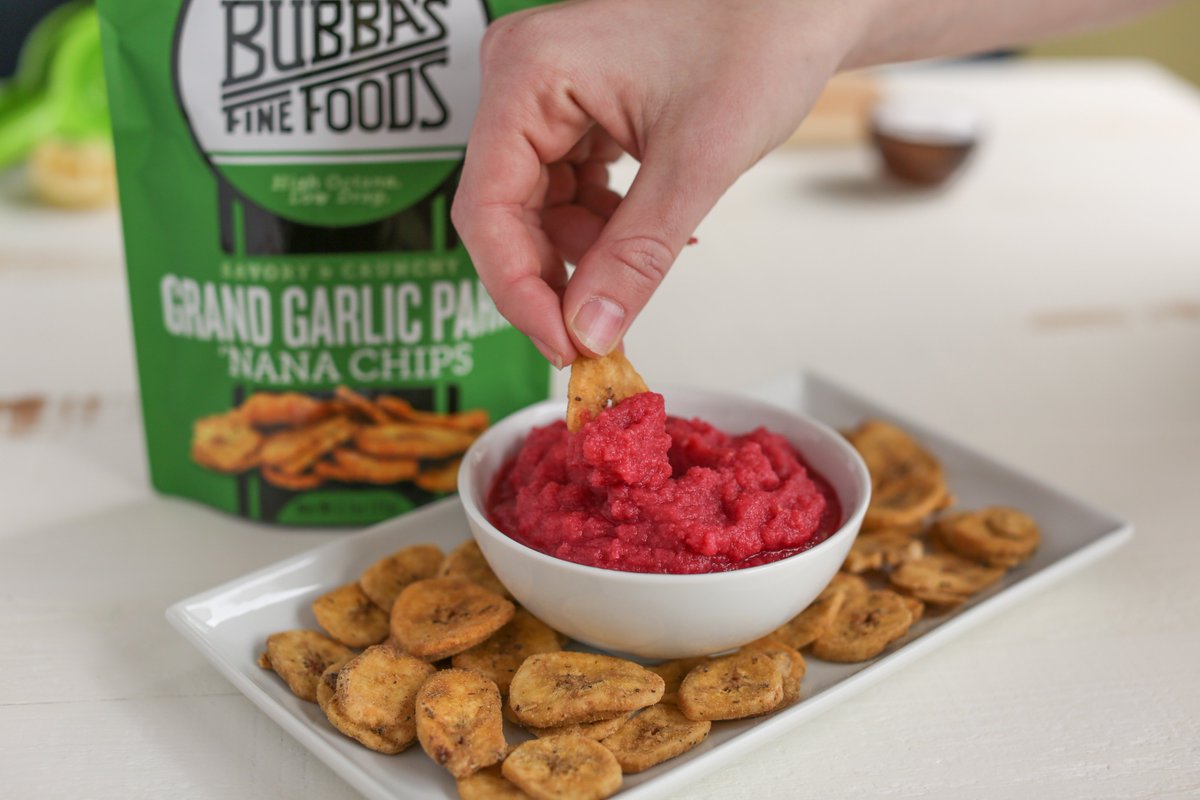 When #FoodieFriday falls on National Chip and Dip Day, we go big. Celebrate with a Bubba crunch with our newest recipe - Bubba’s Beet and Cauliflower “Hummus” paired with our Grand Garlic Parm ‘Nana Chips. #Recipe here: bit.ly/2IJ1VVg  #NationalChipAndDipDay #HealthyEats