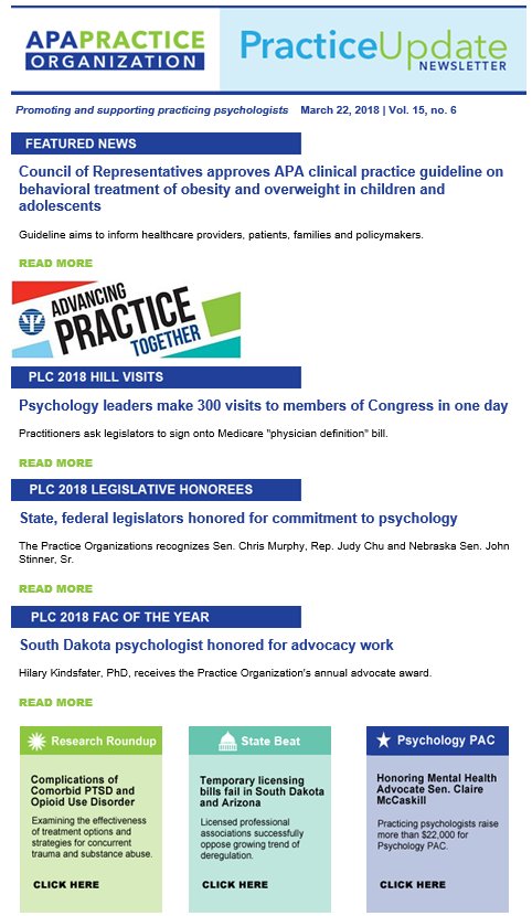 Latest issue of Practice Update includes coverage of #PLC2018 and recently approved APA clinical practice guideline on behavioral treatment of obesity and overweight in children and adolescents. apapracticecentral.org/update/2018/03…