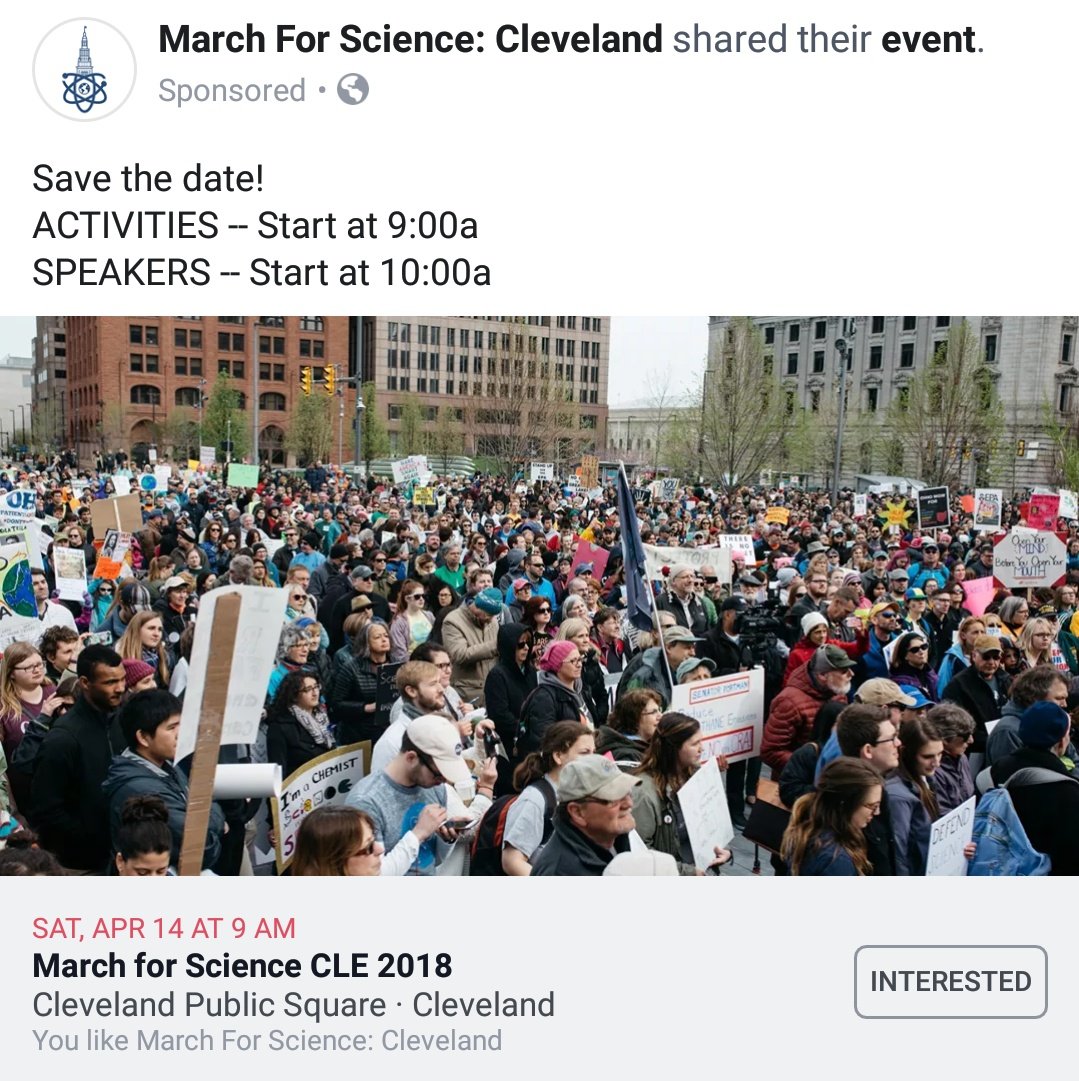 ScienceMarchCLE's tweet photo. Mark your calendar! #ScienceMarch is happening in #Cleveland on Saturday, April 14, 2018. #ScienceMarchCLE #ThisisCLE https://t.co/HlmWFtDjwy https://t.co/fioNZ00fcs