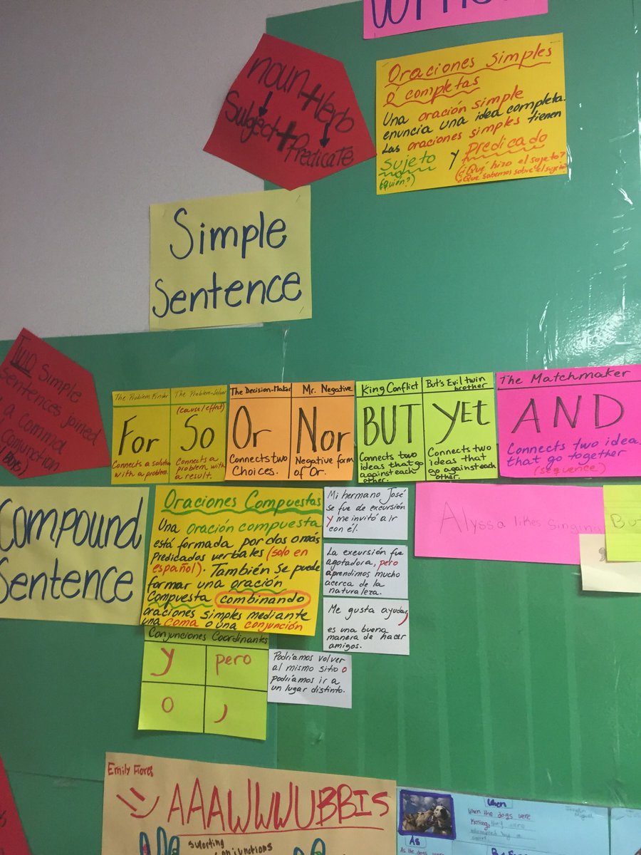 whitney_larocca's tweet photo. Check out this sentence wall that is a work in progress in a 4th grade bilingual classroom! I absolutely love the work that is going on here! #PatternsofPower #StephensElementary @writeguyjeff https://t.co/0LmErhhVd1