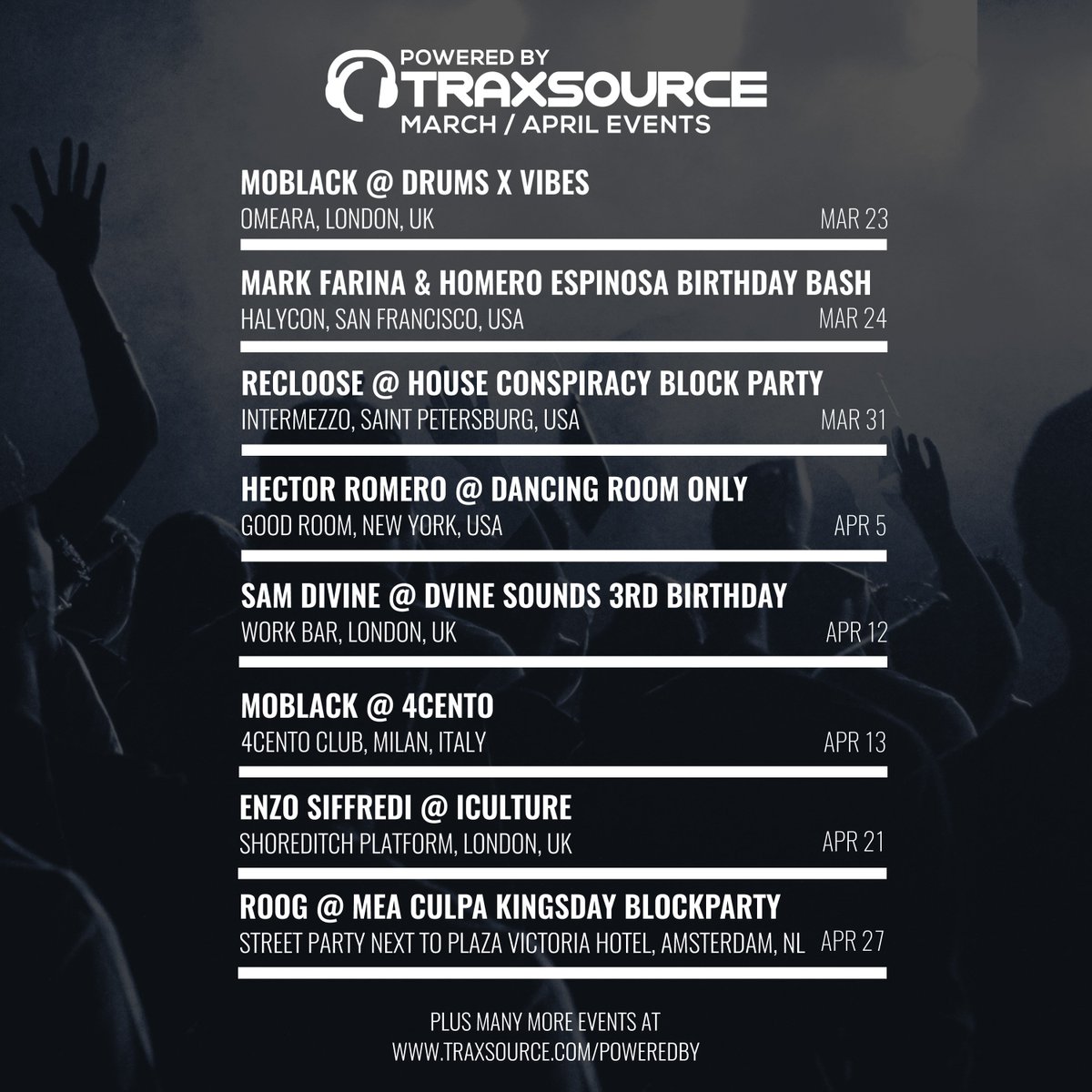 traxsource's tweet photo. ⚡ Loads of great #PoweredByTraxsource events coming up during the rest of March &amp; into April! Full details, plus all this week's best parties in Miami, at https://t.co/SGDTaVsVtw ⚡ https://t.co/ZrrrIYrOSQ