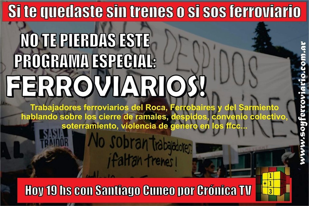 PolloSobrero's tweet photo. Hoy en crónica tv los ferroviarios del Roca, ferrobaires y Sarmiento en un programa especial https://t.co/X9UWZJtzqb