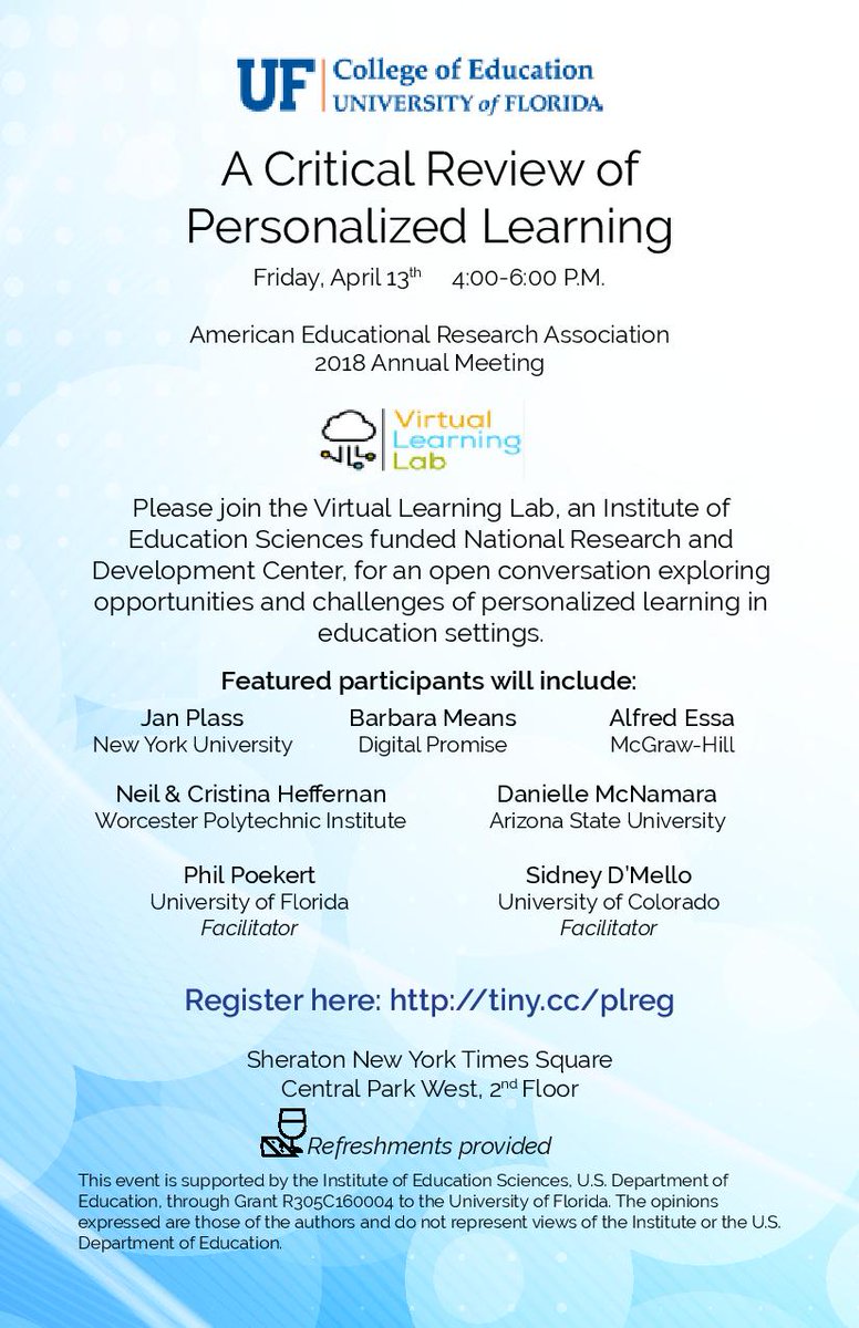 virtuallearnlab's tweet image. Join us Friday, April 13th, at the #AERA2018 annual meeting in New York for a discussion and critical review of personalized learning. Follow our link to our Google form, and let us know if you&apos;ll be there! Tiny.cc/plreg