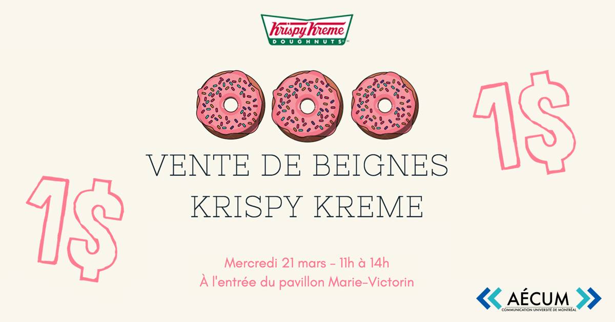 C'est aujourd'hui la vente des beignes <a href="/krispykreme/">Krispy Kreme</a> pour aider à financer le bal des finissants et des finissantes de communication! C'est simple, 1 beigne = 1$! NE VOUS TROMPEZ PAS DE KIOSQUE!!! (Beignes en vente à l'entrée de Marie-Victorin, au Cafcom et au local de l'Asso!🍩🎉
