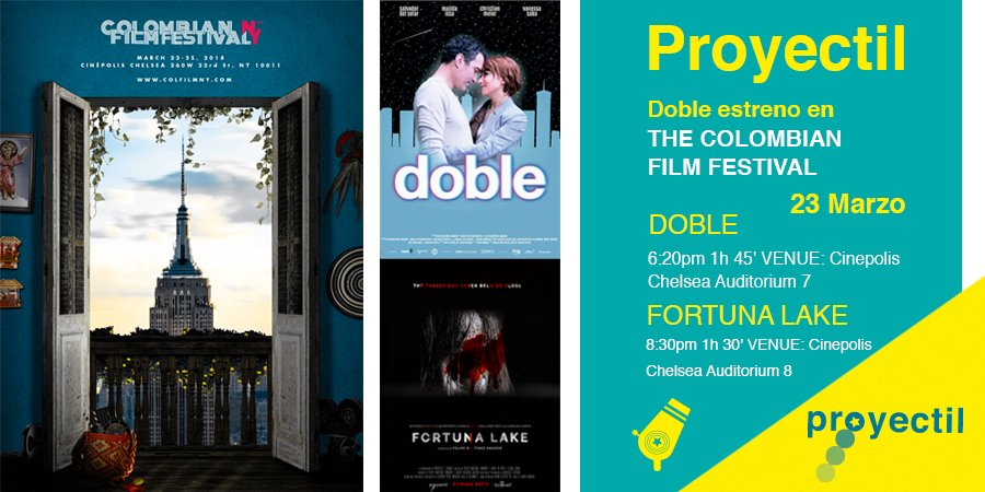 proyectil_prod's tweet photo. En #Proyectil estamos contentos de participar en el Colombian Film Festival de #NewYork #ColFilmNY
A la gente y comunidad latina que quiera pasar, el viernes 23 de marzo a las 6:20 y ver Doble y también a las 8:30pm ver Fortuna Lake
Programación aquí ￼️ https://t.co/LIiEXgLCOn https://t.co/G7zqYUz4Xj