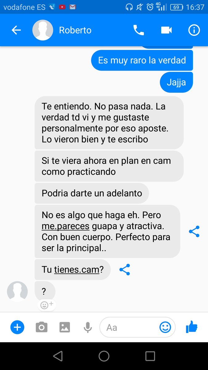 MMartinezMaria's tweet photo. CHICAS! Acaba de pasarme esto en Facebook. Seguramente cómo éste habrán miles de desgraciados como este intentando aprovecharse de la inocencia de otras y de sus necesidades económicas (1000€ por sesión me ofrecía). Estad atentas y llevad cuidado 🙌. https://t.co/nlkYu0hE8d