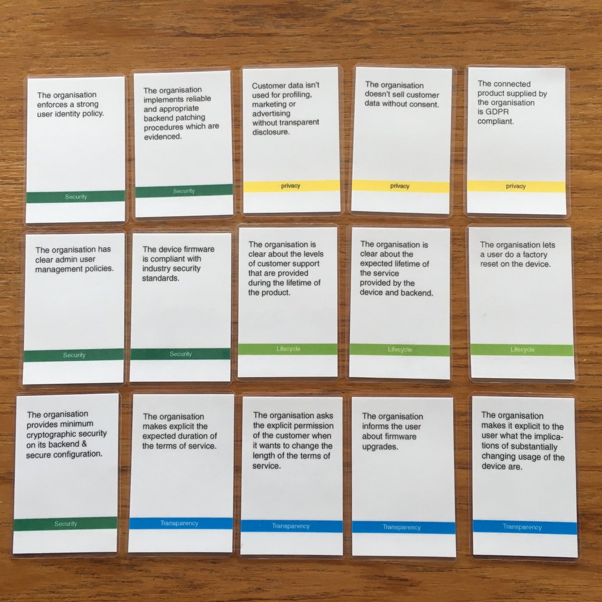 Lovely set of laminated <a href="/KnowCards/">Know Cards</a> I made with <a href="/tamberg/">Thomas Amberg</a> this week to illustrate what the minimum characteristics of a connected product should be. Come by tomorrow at #FutureSessions for my keynote and I’ll share more! #iot #iotmark