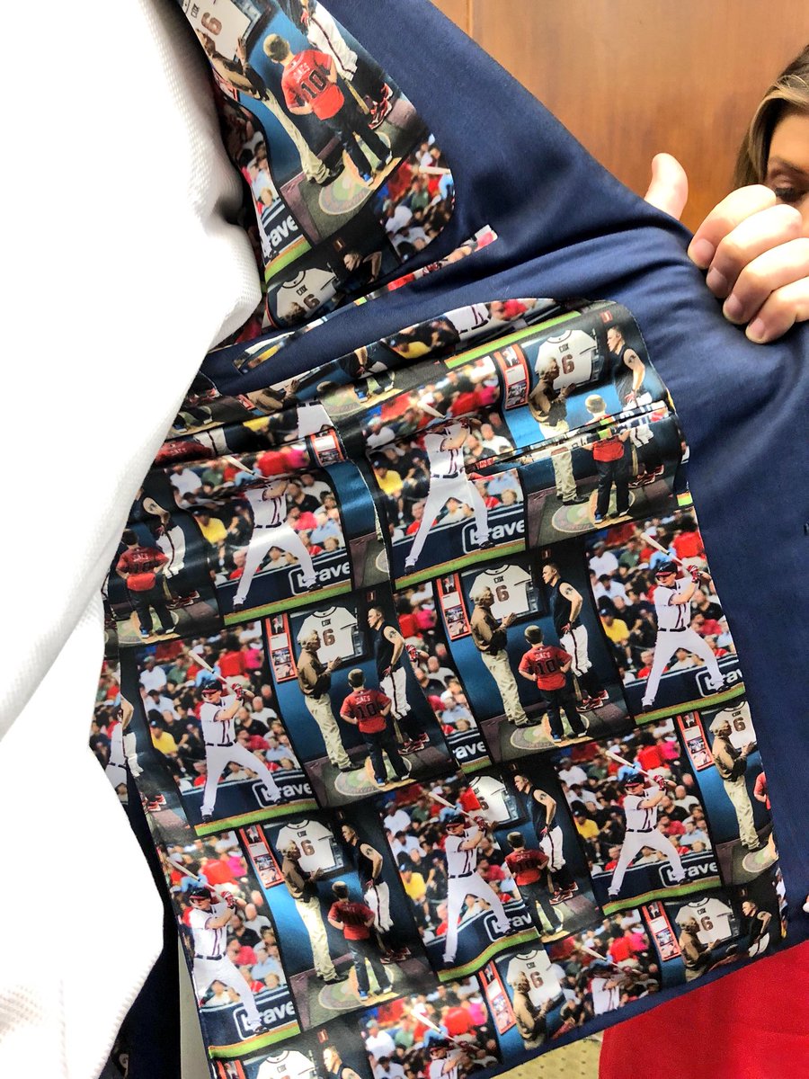 Braves's tweet photo. Today has been declared “Chipper Jones Day” in Georgia in honor of his upcoming induction into the @baseballhall and @RealCJ10’s suit jacket for the occasion is the GOAT 🤟 https://t.co/u9bRpmym0p