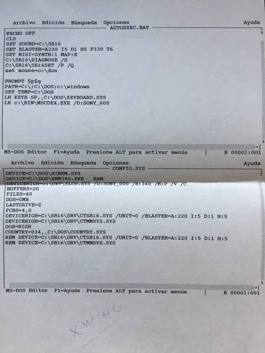 davidcatri's tweet photo. Cosas que aparecen en una #mudanza 📦
#xwing #starwars #msdos #microsoft #configsys #autoexecbat #yofuiaegb #pc #486dx266 #windows311 #discodearranque #gamer #videogame #lucasarts https://t.co/FsQSrxBXMh