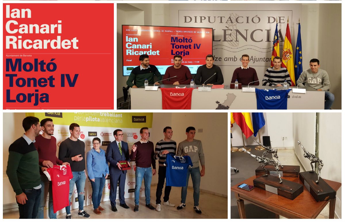 🏆⚾️🔝Presentada la #GranFinal de la #LligaPro <a href="/Bankia/">Bankia</a>
 de #Raspall
 🔴 Ajuntament Senyera
 <a href="/IANALVAREZTOMAS/">Ian Alvarez</a>, José Canari i Ricardet
 🔵Ajuntament De Barxeta
 @Molto_Alfonso, Tonet IV i Lorja 
 El pròxim diumenge al trinquet 📍<a href="/elzurdopilota/">El Zurdo Pilota</a> de #Bellreguard!!!