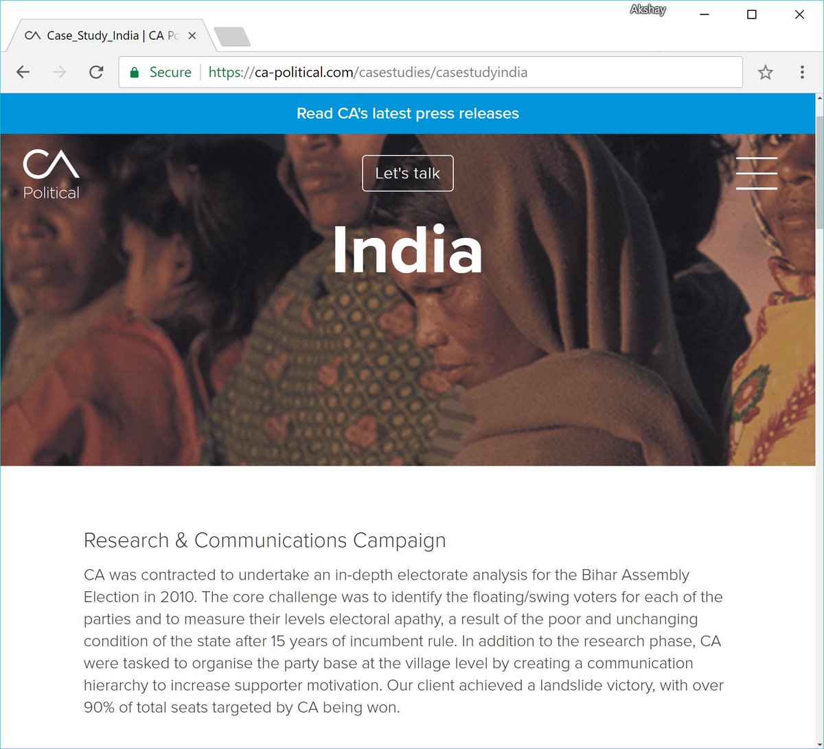 theakshaytyagi's tweet photo. Cambridge Analytica's case study on their website of their Indian client that won 90% of the seats @CamAnalytica worked on. Note that @BJP4India won 90% of the seats they contested on, and @NitishKumar's JDU was the incumbent in 2010. JDU won the most seats though. https://t.co/CVQFXnsbho